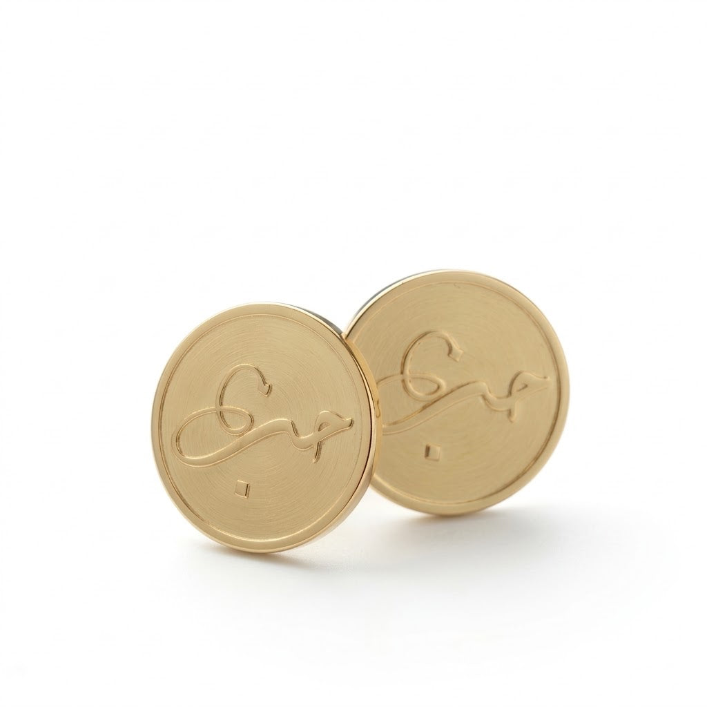 Close-up detail of the FABLED gold plated hub calligraphy studs 