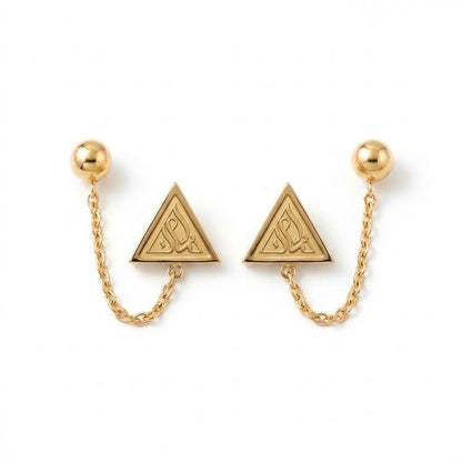 Close-up detail of the FABLED gold plated iman calligraphy earrings