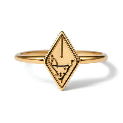Close-up detail of the FABLED gold plated maktub calligraphy ring shown on a clean white background.