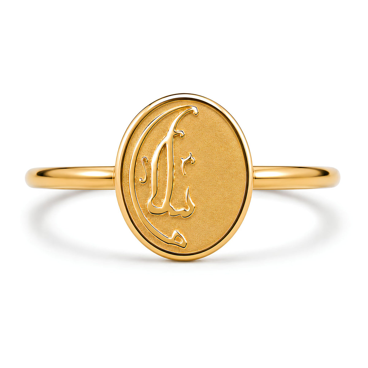 Close-up detail of the FABLED gold plated Salaam calligraphy ring  against a white background.