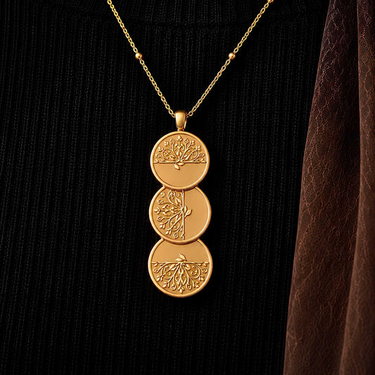A pattern of rotating plume sprays on a re-imagined traditional layered 3-coin gold necklace  on a model.